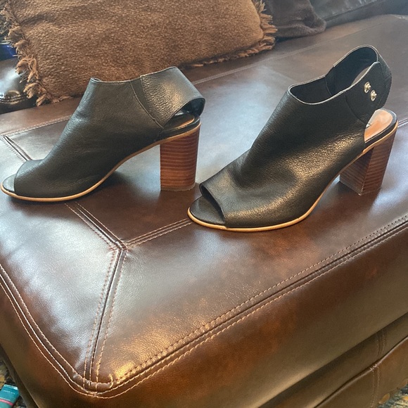 Like New Black Leather Peep Toe Block Heels - Picture 2 of 7